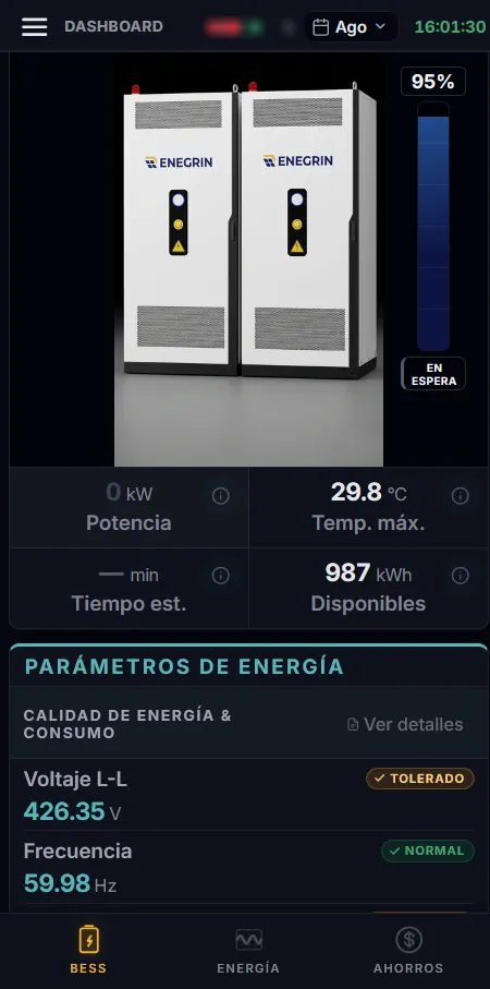 Plataforma Ollin en el teléfono: estado del BESS y parámetros de energía